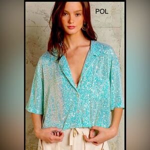 POL Aqua Sequin Button Down Shirt size M